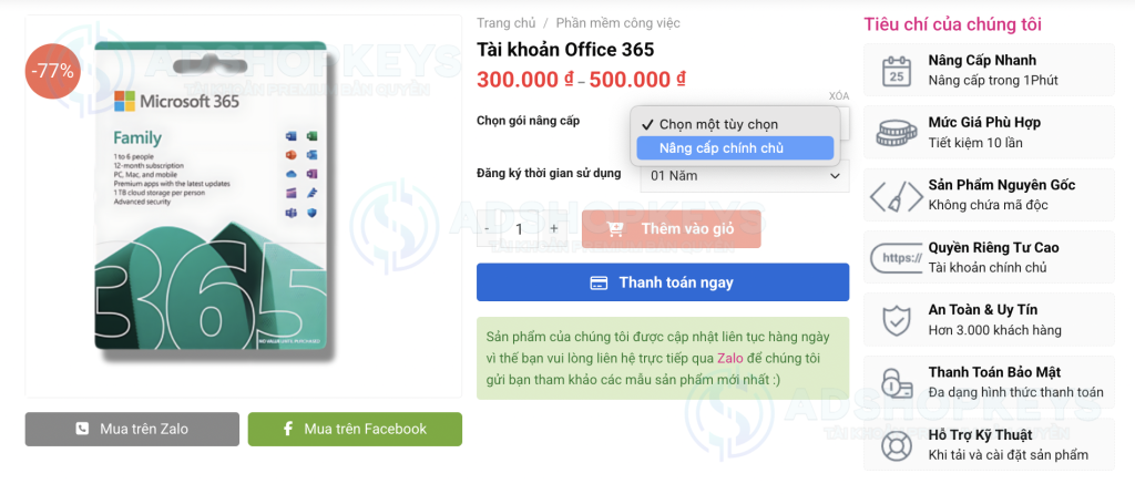 lựa chọn các tuỳ chọn cần nâng cấp