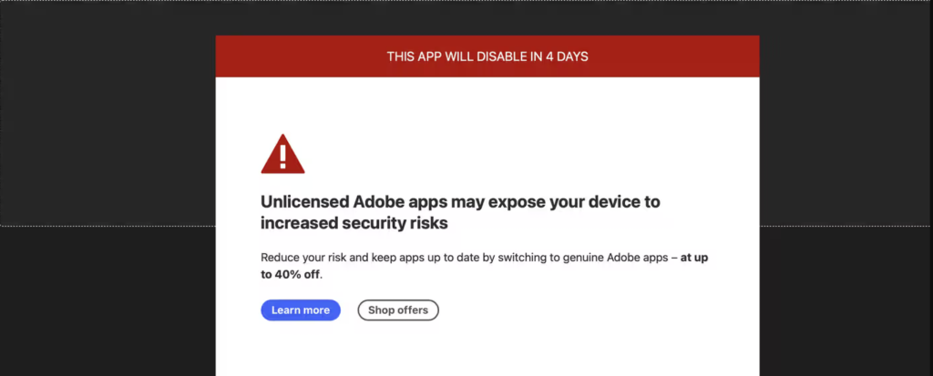 lỗi Photoshop "Unlicensed Adobe apps may expose your device to increased security risks