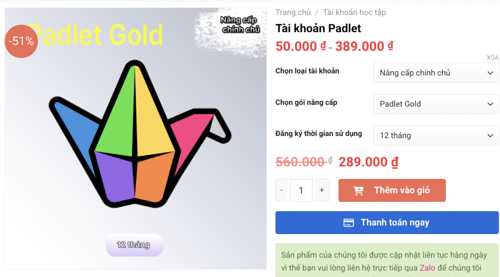Giá nâng cấp tài khoản padlet gold tại adshopkeys