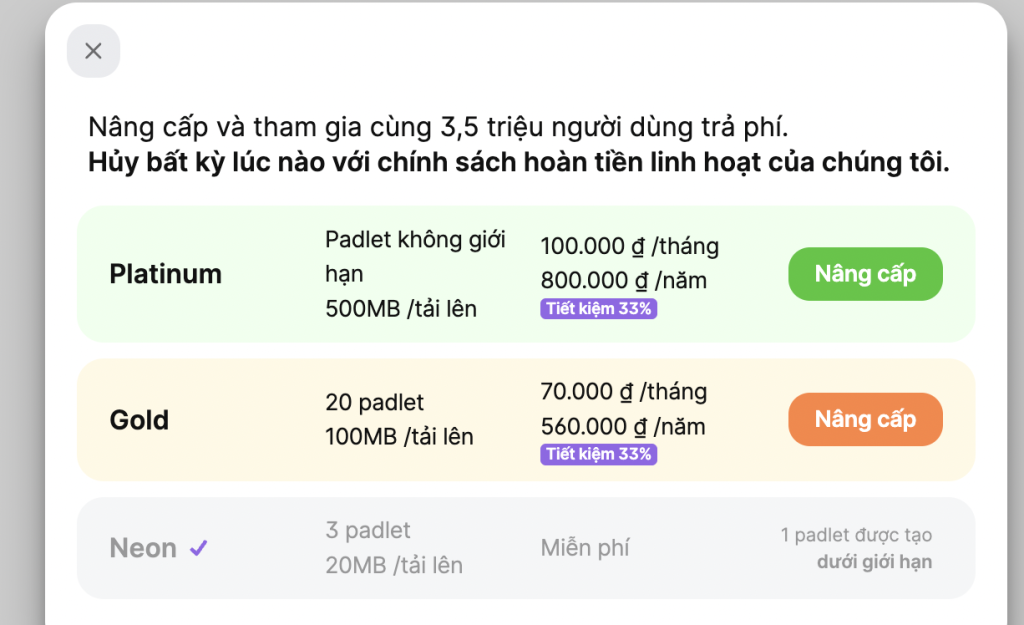 Các gói nâng cấp của padlet