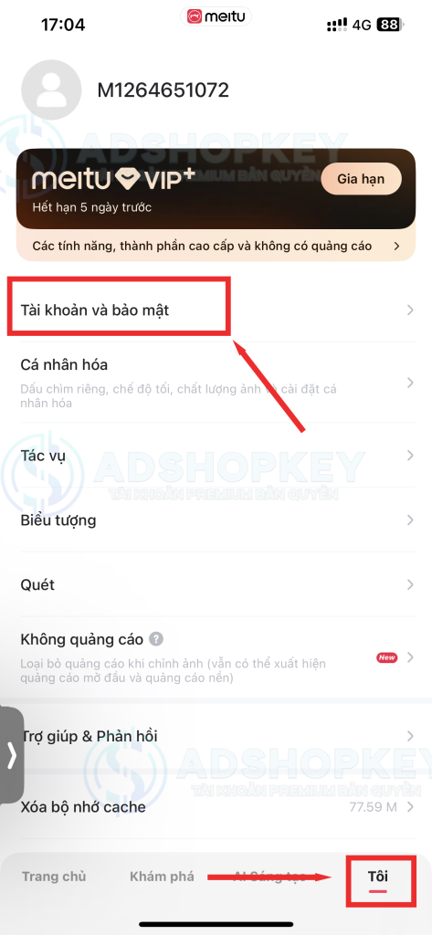Mở App Meitu > mở mục Tôi > Vào phần Tài khoản và bảo mật