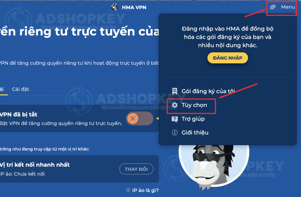 Menu >> Tuỳ chọn