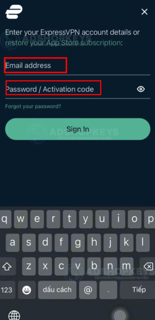 Điền Email và Pass 