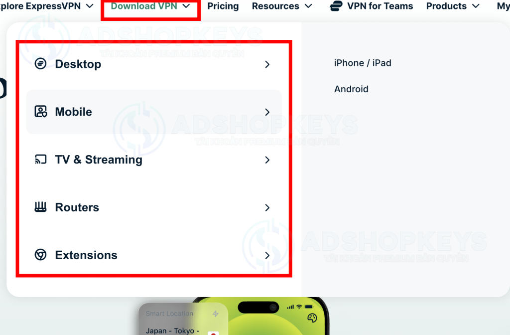 Ấn vào Downloadn VPN >> lựa chọn thiết bị cần tải xuống