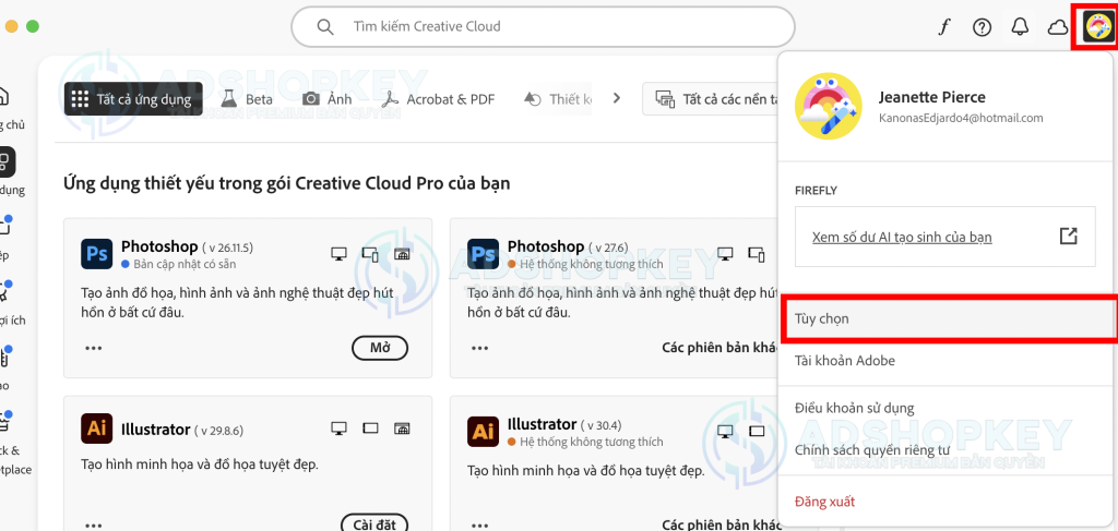 Adobe Creative Cloud >> Avartar >> Tuỳ chọn
