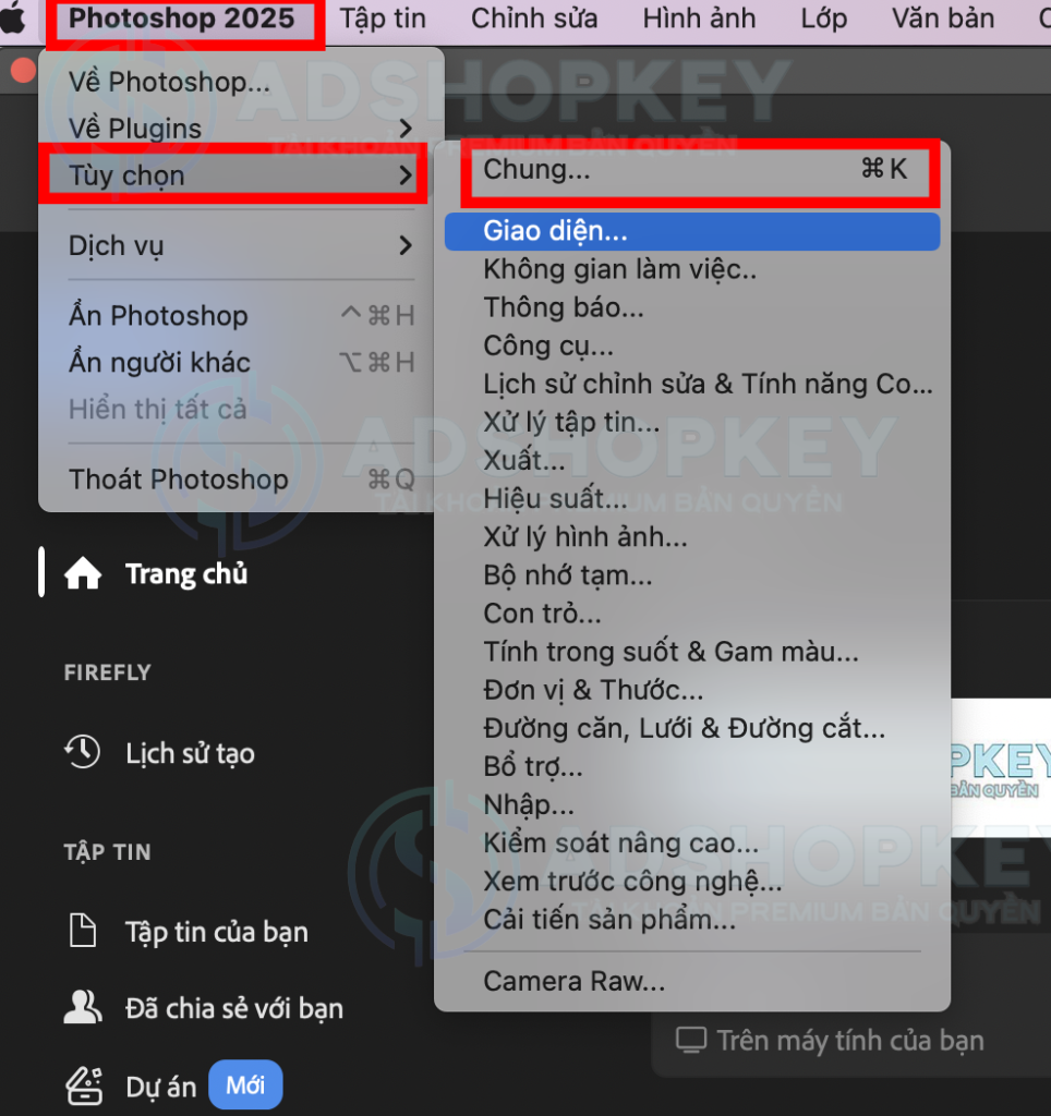 Photoshop >> Tuỳ chọn >> Chung