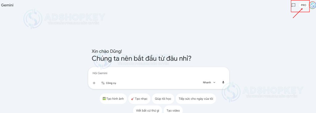 Kiểm tra chữ PRO trên góc phải trên cùng của gemini