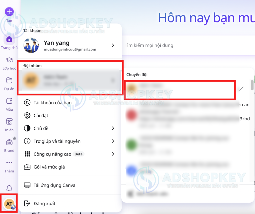 Chọn đội nhóm như trên Mail là được