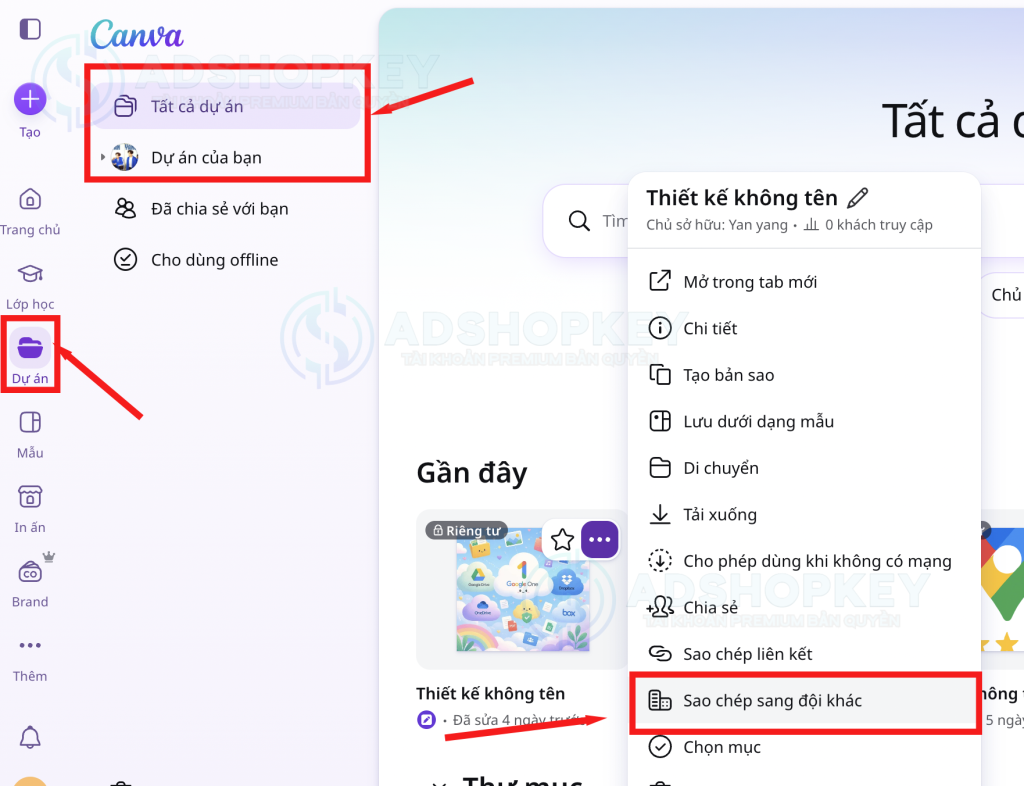Dự án >> Tất cả dự án hoặc Dự án của bạn >>  Sao chép sang đội khác