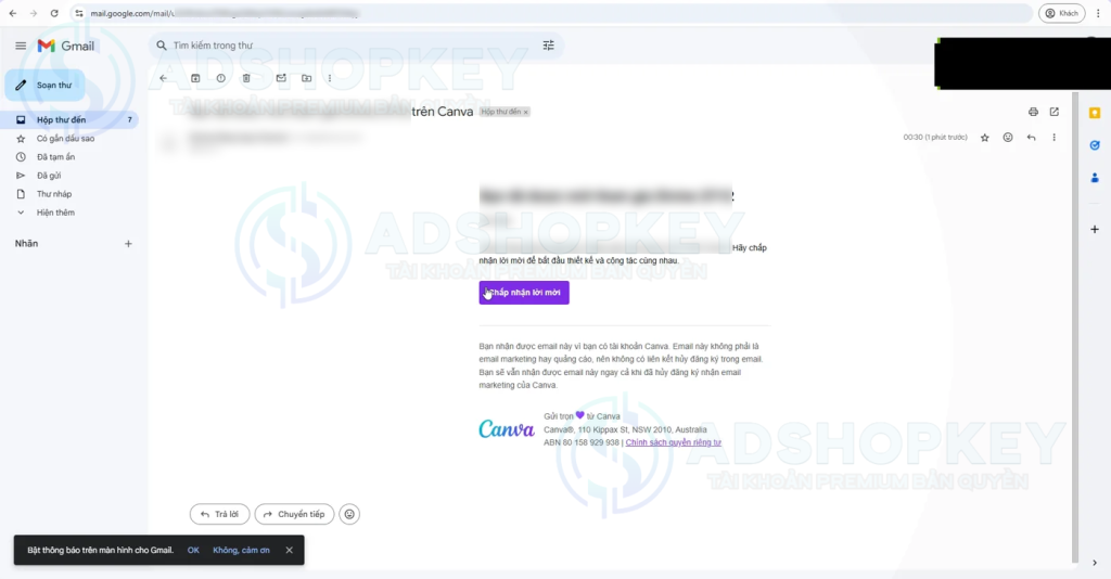 Email lời mời tham gia đội nhóm trên Canva