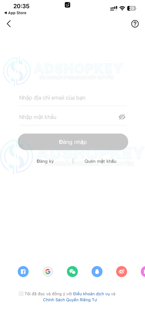 Điền Email + mật khẩu Wink Adshopkeys cung cấp cho bạn qua mail