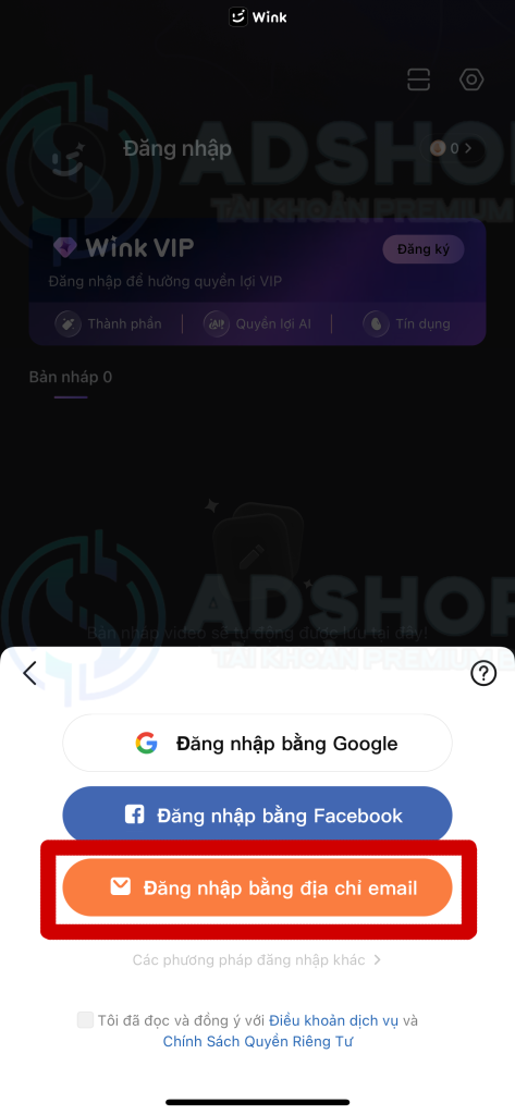 Lựa chọn đăng nhập bằng địa chỉ Email