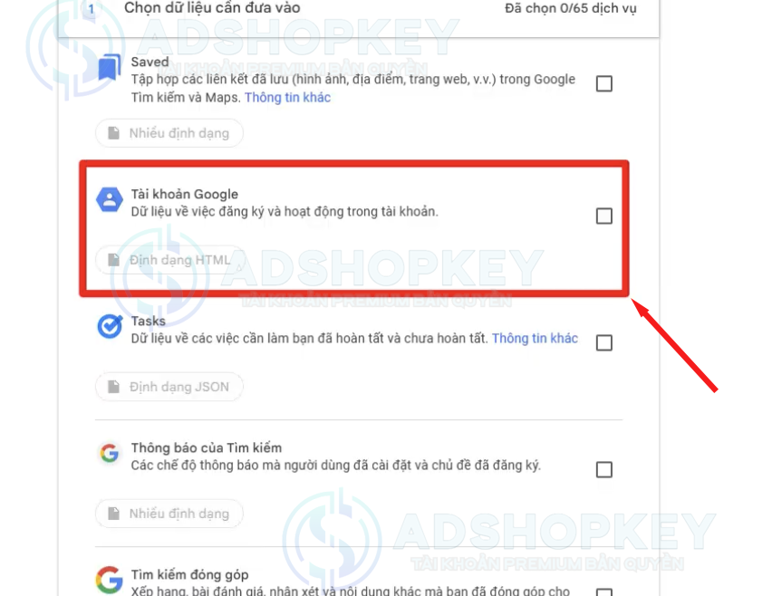 Tích chọn vào "Tài khoản Google" >> sau đó ấn vào bước tiếp theo