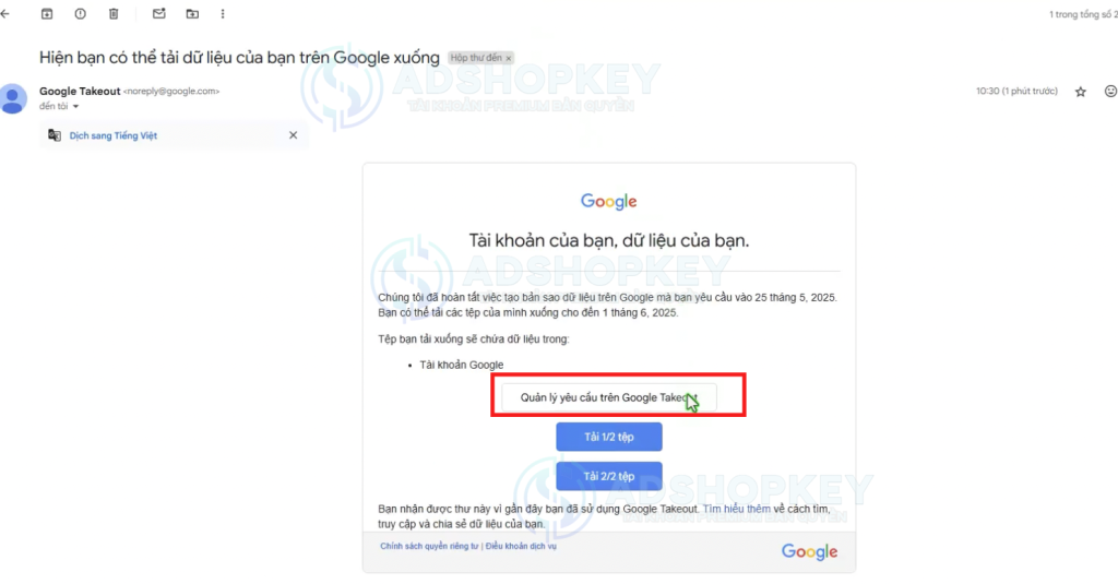 Ấn vào Quản lý yêu cầu trên Google Takeout
