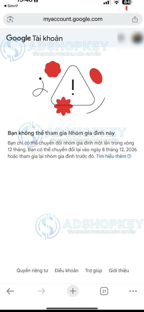 Hình ảnh Lỗi giới hạn 12 tháng Google Family