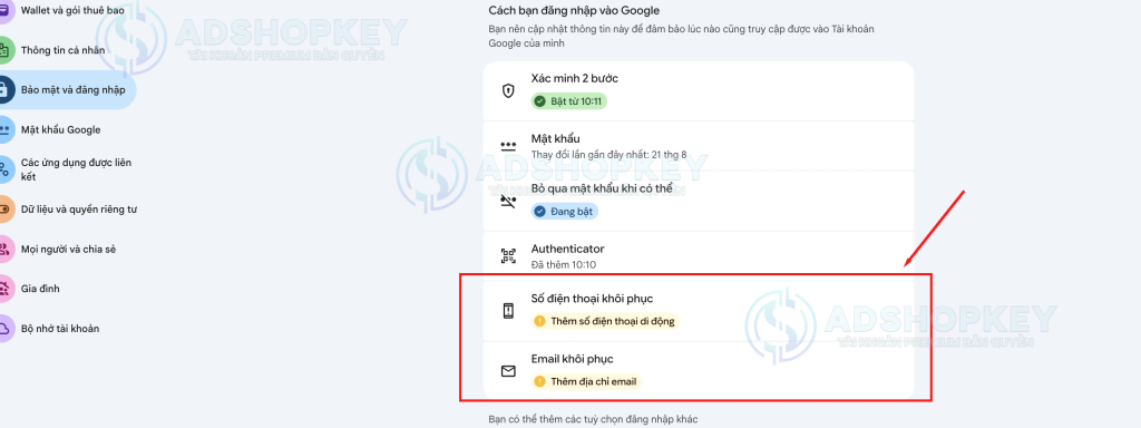 Cần xóa số đt + email khôi phục nếu có ở đây