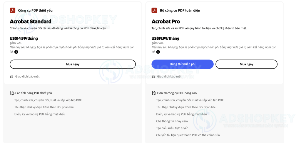 Giá của Acrobat tại trang chủ Adobe